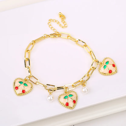 17 Colors Gold Plated Fruit Cherry Crystal Zirconia Adjustable Pearl Bracelet Luxury for Women Girls Casual Daily Party Jewelry