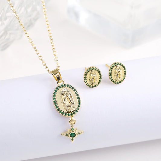 New Trendy Creative Oval St. Jude Zirconia Jewelry Set Necklace Earrings Classic for Religious Jewelry Accessories For Men Women