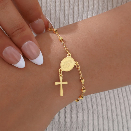 Rosary Stainless Steel Women Bracelet Girls Religious Cross And Virgin Mary Prayer Bracelet Mom Girlfriend Valentine's Day Gift