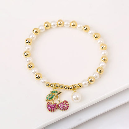 Trendy Crystal Cherry Shape Heart Copper Beads Chain Pearls Bracelet For Women 15 Styles Choice Daily Versatile Jewelry Gift