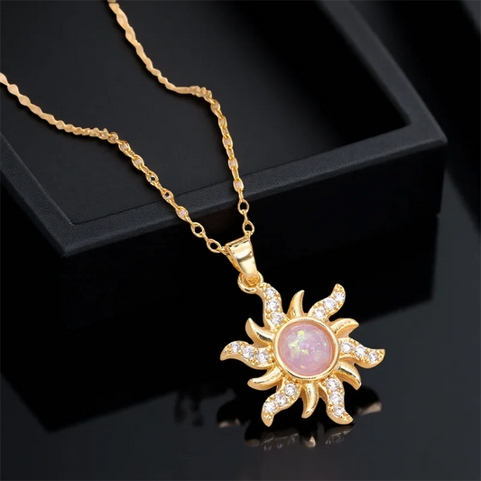 Pink Resin White Opal Sun Flower Pendant Necklaces For Women Vintage Gold Color Stainless Steel Chains Jewelry Mother's Day Gift