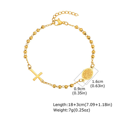 Vnox Stainless Steel Beaded Virgin Mary Bracelet,Charm Rosary Cross Chain Bracelet For Women,Religion Christ Three Color Jewelry