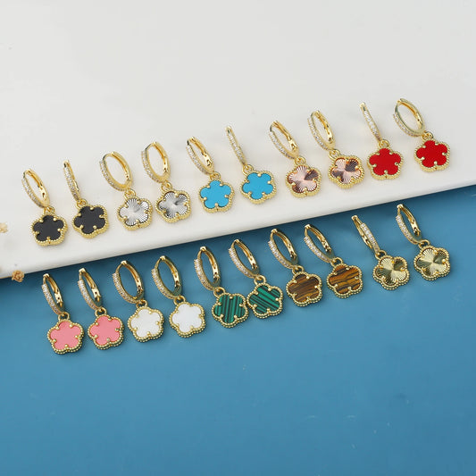 High Quality Natural Stone Five Leaf Flower Drop Earrings Simple for Woman Fashion Party Trend Zircon Jewelry Clover Gift