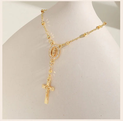 Catholic Cubic Zirconia Rosary Cross Beaded Link Bracelets, Oval Jesus Coss Jewelry, Religion Gold Plated Bracelet