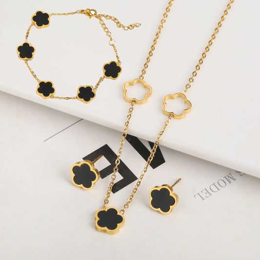 3pc New Design Single-Sided Plant Five Leaf Flower Hollow Bracelet Necklace Earring Set Stainless Steel Women's Clover