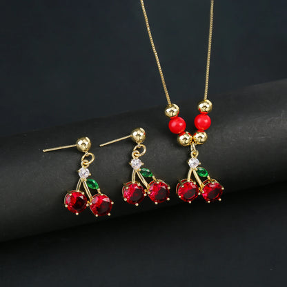 2pcs 22 Style Fashion Fruit Cherry Zircon Crystal Jewelry Set Earrings Necklace  For Women Female New Trend Party Jewelry Gift