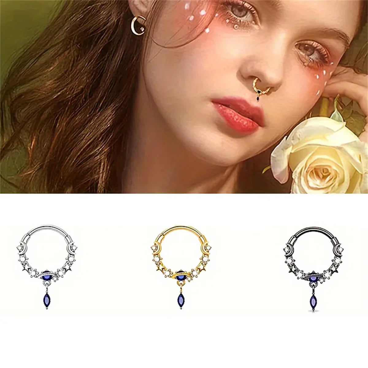 1/2Pcs 16G Inlaid Shiny Moon Star Zircon Dangle Hoop Nose Ring For Women Men Girl,Daith Tragus Cartilalge Piercing Jewelry