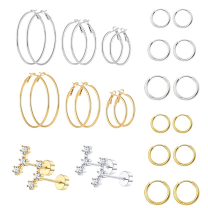 2/14 Pcs 20G Tiny Stainless Steel Screw Back Stud Earrings Set for Women, Simple Hinged Nose Rings Huggie Hoop Earring Jewelry