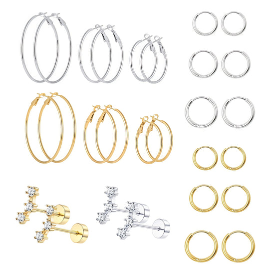 2/14 Pcs 20G Tiny Stainless Steel Screw Back Stud Earrings Set for Women, Simple Hinged Nose Rings Huggie Hoop Earring Jewelry