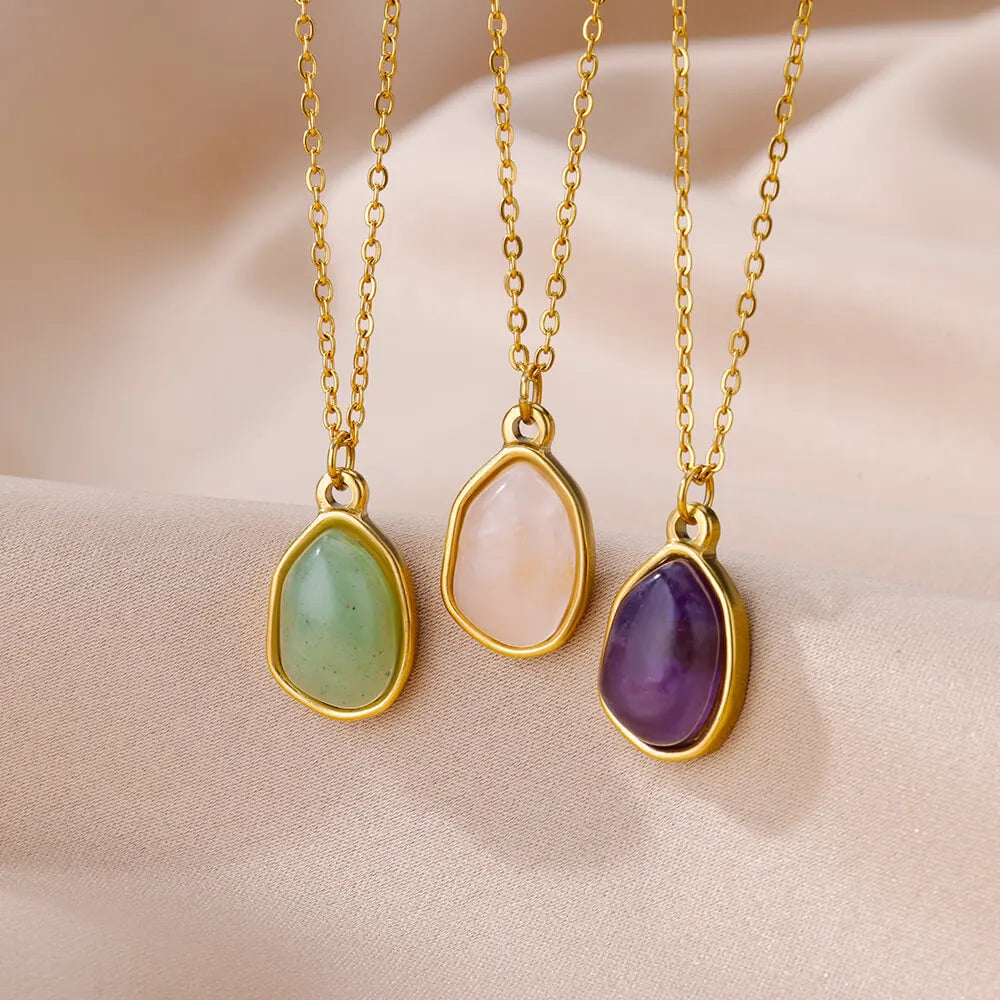 Oval Opal Pendant Necklace For Women Stainless Steel Gold Color Chain Collar Cute Lucky Jewelry Birthday Gift New Free Shipping
