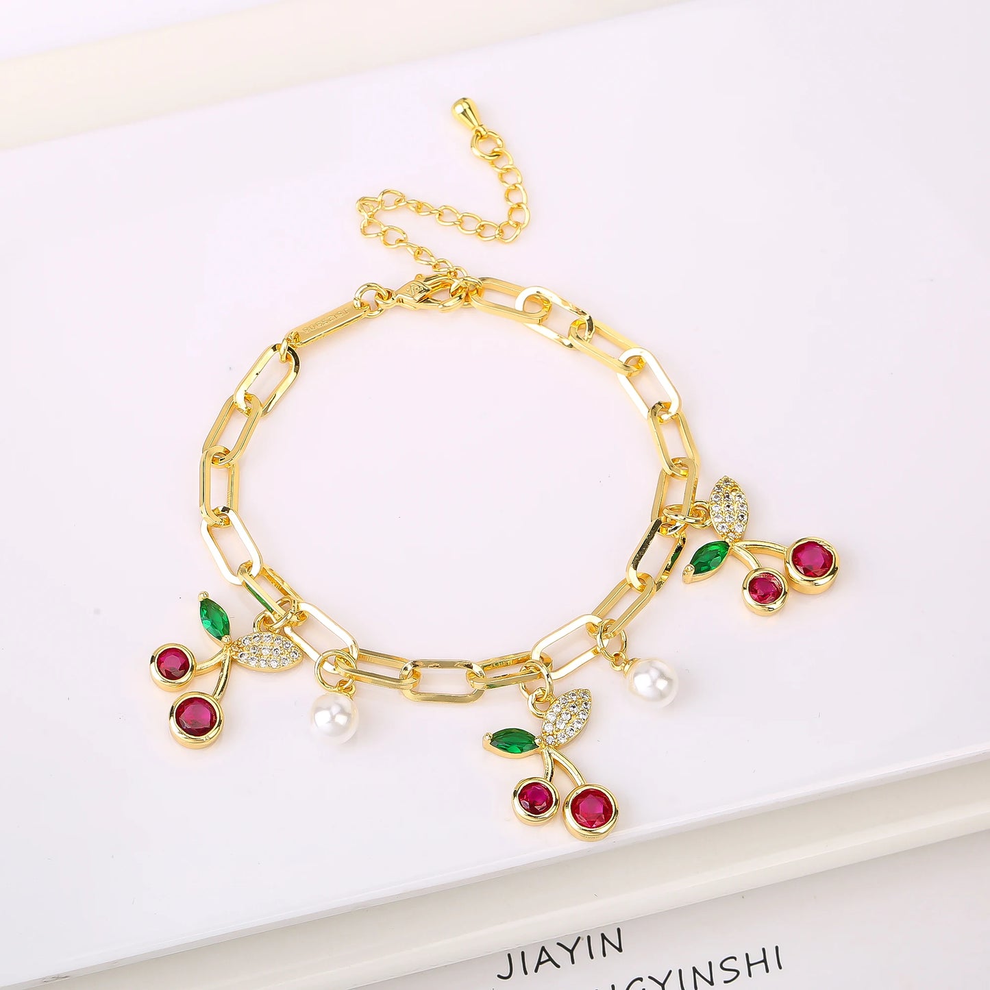 17 Colors Gold Plated Fruit Cherry Crystal Zirconia Adjustable Pearl Bracelet Luxury for Women Girls Casual Daily Party Jewelry