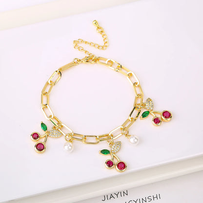 17 Colors Gold Plated Fruit Cherry Crystal Zirconia Adjustable Pearl Bracelet Luxury for Women Girls Casual Daily Party Jewelry