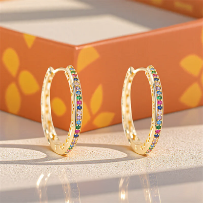 Rainbow Zircon Multicolor Stone Round Hoop Earrings For Women Gold Color Ear Buckle Daily Wedding Party Jewelry Mothers Day Gift