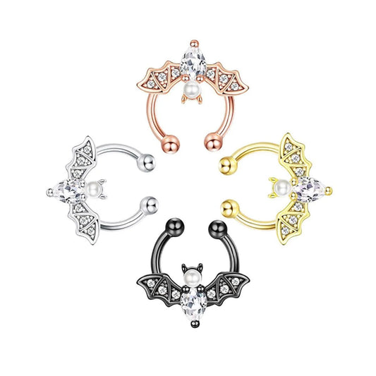 1Pc Fashion Cute Halloween Bat Fake Septum Nose Rings, Clip On Pearl Bat Septum Rings Cubic Zirconia Non Piercing Septum Jewelry