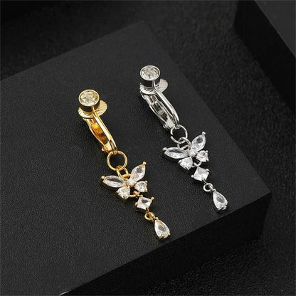 1Pc Trendy Zircon Butterfly Shape Clip On Belly Button Ring,Belly Fake Piercing Navel Body Jewelry Suitable Daily Vacation Wear