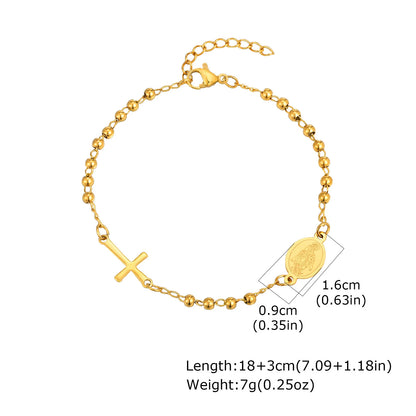 Vnox Stainless Steel Beaded Virgin Mary Bracelet,Charm Rosary Cross Chain Bracelet For Women,Religion Christ Three Color Jewelry