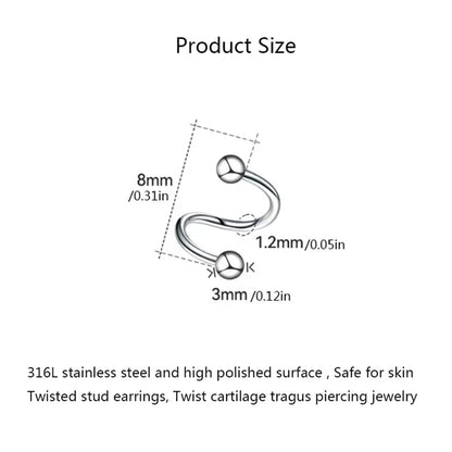 2pcs Stainless Steel Twist Love Heart Star Stud Earrings,S Shape Hypoallergenic Daith Helix Ear Cartilage Tragus Piercing Gift