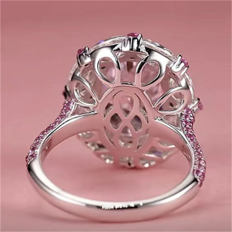 Big Oval Pink Zircon Cute Egg Shape Stone Rings For Women Silver Color Promise Engagement Wedding Bands Bridal Jewelry Girl Gift