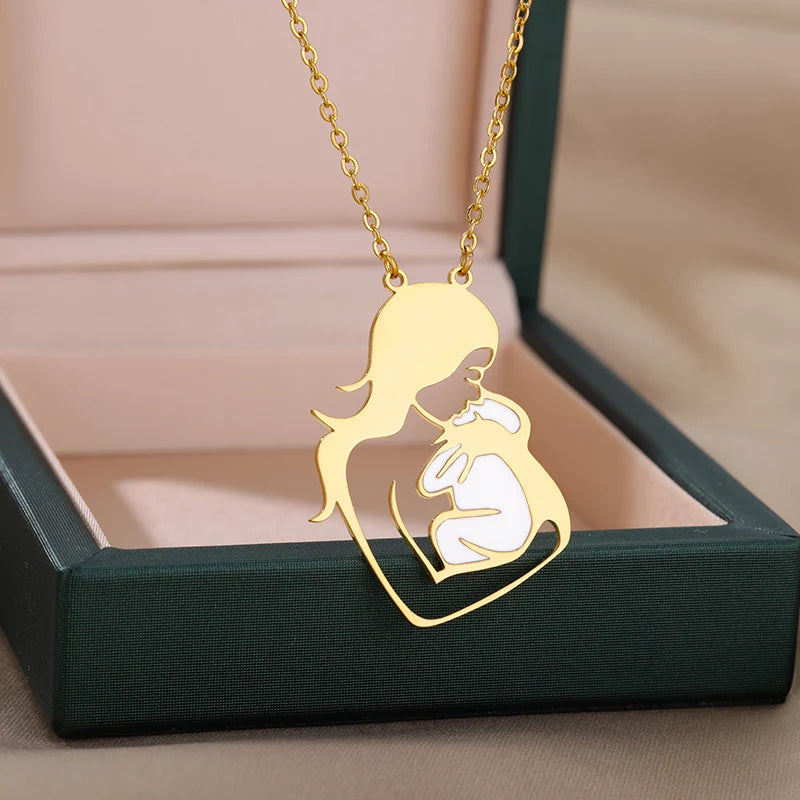 Mom 's Baby Stainless Steel Gold Color Chain Necklace For Women Double Love Heart Necklace Mother's Day Christmas Gift Jewelry