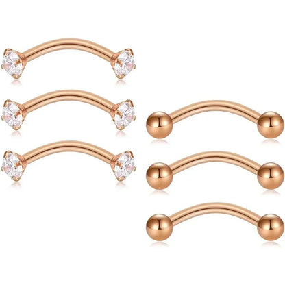6Pcs Elegant Fashion 316 Stainless Steel Curved Barbell Eyebrow Ring,Inlaid Shiny Zircon Belly Lip Ring Body Piercing Jewelry