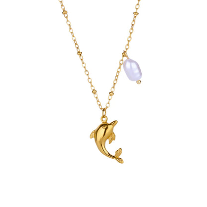 Free Shipping Imitation Pearl Dophin Pendant Necklaces For Women Stainless Steel Chain Necklace Aesthetic Wedding Jewelry Gift