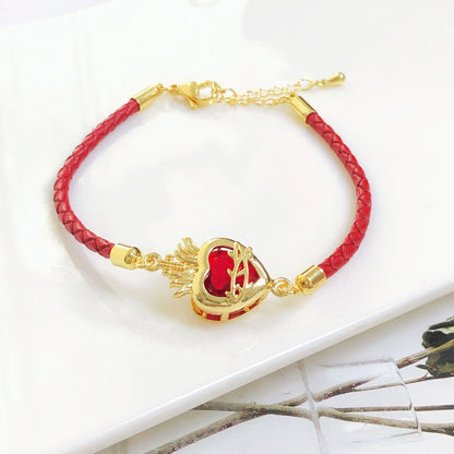 New Arrival Red Heart-Shaped Crystal Gold-Plated Flower Leaf Leather Bracelet Luxury For Women Girls Travel Vacation Jewelry