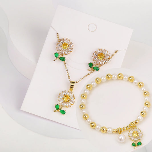 3pcs Lucky Plant Sunflower Rose Flower Necklace Jewelry Set Bracelet Earrings Charming for Women Girls Party Birthday Jewelry