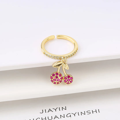 Sweet And Lovely Fruit Cherry Crystal Zirconia Opening Adjustable Ring Simple For Woman Girl Daily Party New Fashion Jewelry
