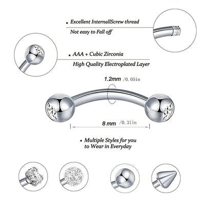 10Pcs 316L Stainless Steel Cubic Zirconia Heart Rooking Eyebrow Rings Set,Daith Cartilage Conch Rook Eyebrow Piercing Jewelry