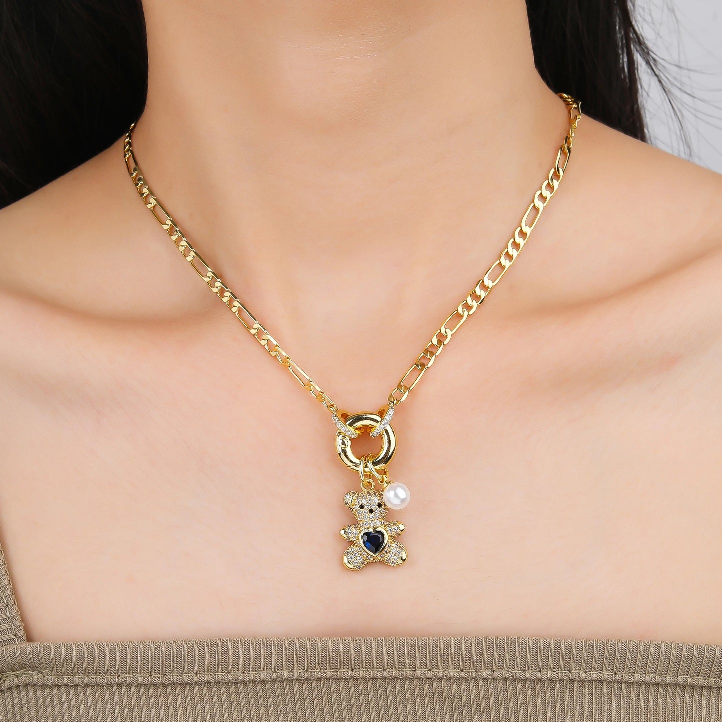 High Quality Shiny Crystal Zirconia Animal Cute Bear Pendant Necklace Choker for Woman Girl Holiday Lock Bone Chain Jewelry Gift