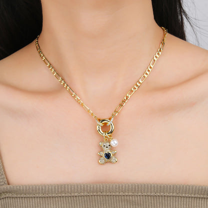 High Quality Shiny Crystal Zirconia Animal Cute Bear Pendant Necklace Choker for Woman Girl Holiday Lock Bone Chain Jewelry Gift