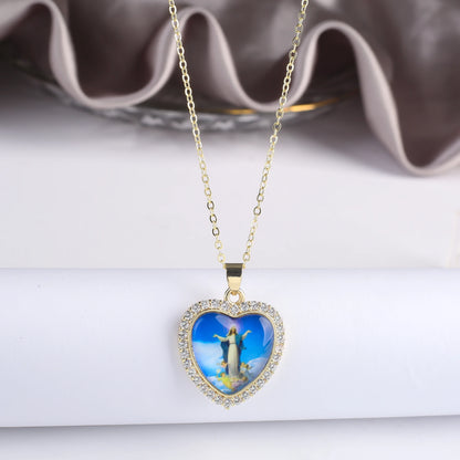 Fine Trendy Heart Shape Religious Figure Virgin Mary Pendant Necklace Fine Holiday Party Catholic Jewelry Gift Wholesale