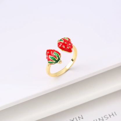 New Creative Copper Oil Drop Red Strawberry Zirconia Ring Charm For Woman Girl Vacation Casual Jewelry Accessories Adjustable