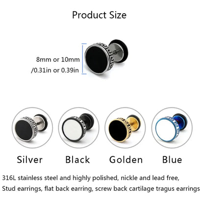 2pcs 316L Stainless Steel Vintage Flat Back Stud Earrings for Men Women,Unisex Screw Back Cartilage Tragus Piercing Jewelry