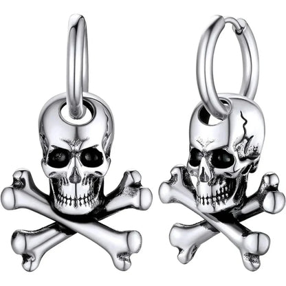 2PCS Hypoallergenic Stainless Steel Vintage Gothic Hollow Three Dimensional Lifelike Skeleton Dangle Huggie Hoop Skull Earrings