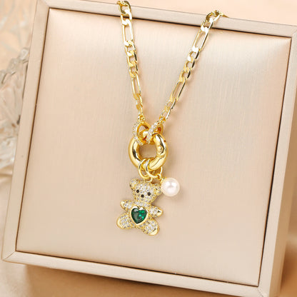 High Quality Shiny Crystal Zirconia Animal Cute Bear Pendant Necklace Choker for Woman Girl Holiday Lock Bone Chain Jewelry Gift