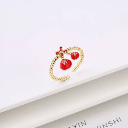 Sweet And Lovely Fruit Cherry Crystal Zirconia Opening Adjustable Ring Simple For Woman Girl Daily Party New Fashion Jewelry