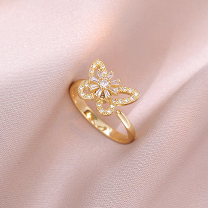 Versatile Flower Rotatable Cubic Zirconia Size Adjustable Rings For Women Gold Copper Metal Ring Party Jewelry