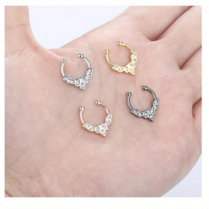 1/4Pcs Simple Fashion Stainless Steel Fake Septum Nose Ring, Clip On Cubic Zerconia Faux Nose Rings Non Piercing Septum Jewelry