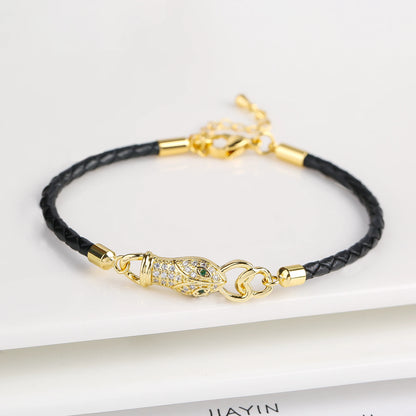 Adjustable Leather Rope Braided Zirconia Animal Leopard Head Bully Bracelet Fashion for Man Woman Party Jewelry Gift Daily Wear