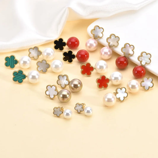 Hot Sale Stainless Steel Five Leaf Flower Pearl Drop Earrings Classic For Woman Clover Jewelry High Quality Party Wedding Gift