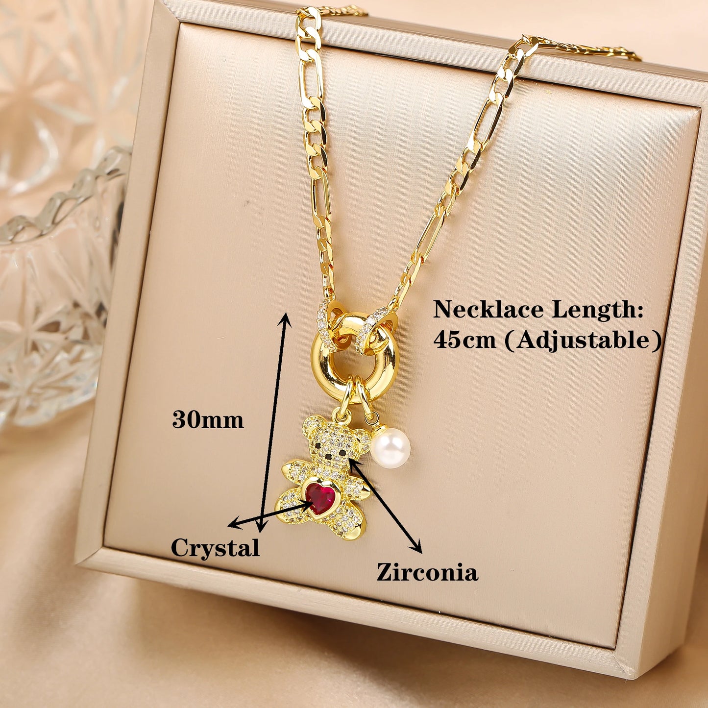 High Quality Shiny Crystal Zirconia Animal Cute Bear Pendant Necklace Choker for Woman Girl Holiday Lock Bone Chain Jewelry Gift