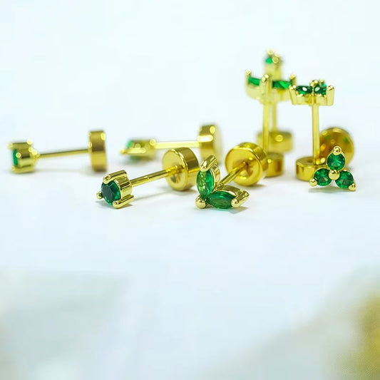 2Pcs Delicate Hypoallergenicity 18K Gold Green Gemstone Flat Back Earrings for Women Girls,Fashion Small Hoop Earrings Jewelry