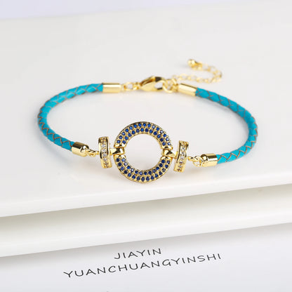 Trendy Colored Round Zirconia Accessory Leather Braided Adjustable Bracelet High Quality Party Holiday Jewelry Gift For Women