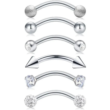 6Pcs Elegant Fashion 316 Stainless Steel Curved Barbell Eyebrow Ring,Inlaid Shiny Zircon Belly Lip Ring Body Piercing Jewelry
