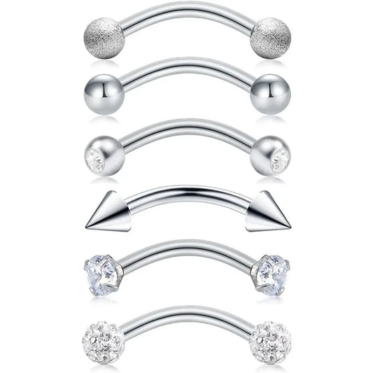 6Pcs Elegant Fashion 316 Stainless Steel Curved Barbell Eyebrow Ring,Inlaid Shiny Zircon Belly Lip Ring Body Piercing Jewelry