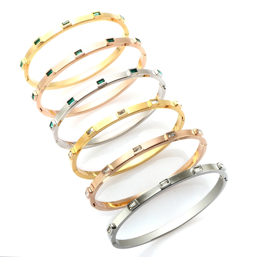 Luxury Open Cuff Bangles Bracelets Crystal Zirconia Rose Gold Color Stainless Steel Bracelet for Women Men  Fashion Jewelry