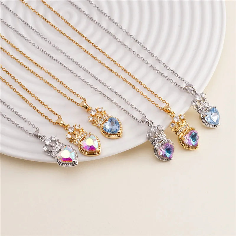 High Grade Crown Heart Zircon Pendant Necklace Stainless Steel Chains Geometric Choker Jewelry Party Gifts For Women Girls