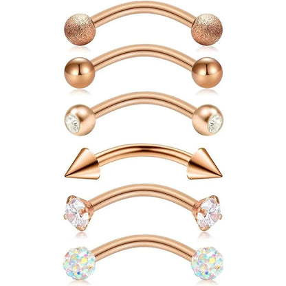 6Pcs Elegant Fashion 316 Stainless Steel Curved Barbell Eyebrow Ring,Inlaid Shiny Zircon Belly Lip Ring Body Piercing Jewelry