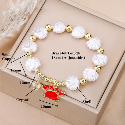 New Trend White Shell Shape Beads Stretch Bracelet Ocean Theme Fish Crab Tree Beetle Charm Gold Color Copper Beads Bracelet